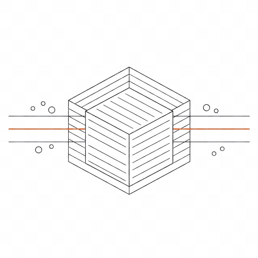 Isometric line drawing of an open ledger block with hairlines passing straight through it — value passes through, held by no one