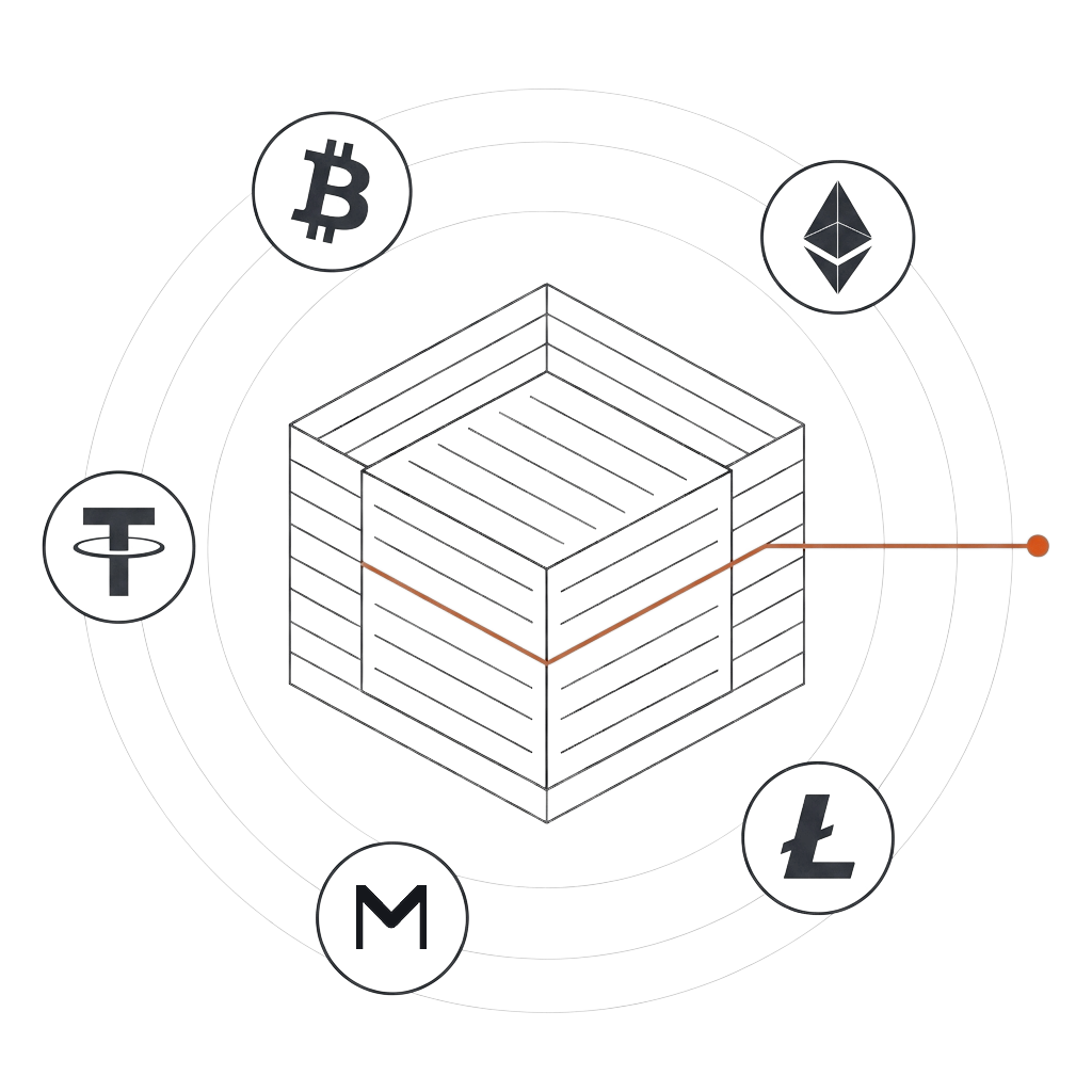 Isometric line-drawn block built from ledger lines, one accent line breaking out past its edge; five coin icons — Bitcoin, Ethereum, Tether, Monero, Litecoin — orbit on fixed rails