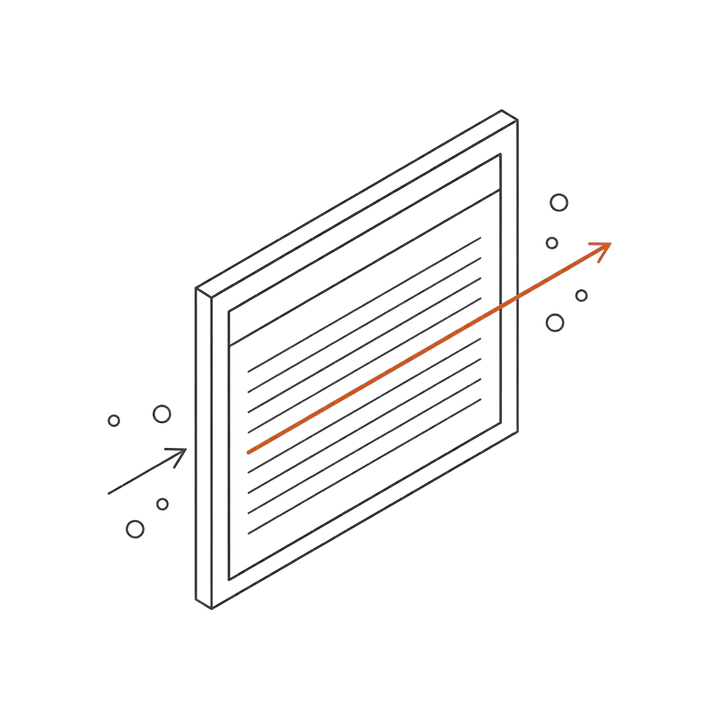 Line drawing of an isometric terminal panel with ledger rows, an arrow entering as a request and another leaving as the response