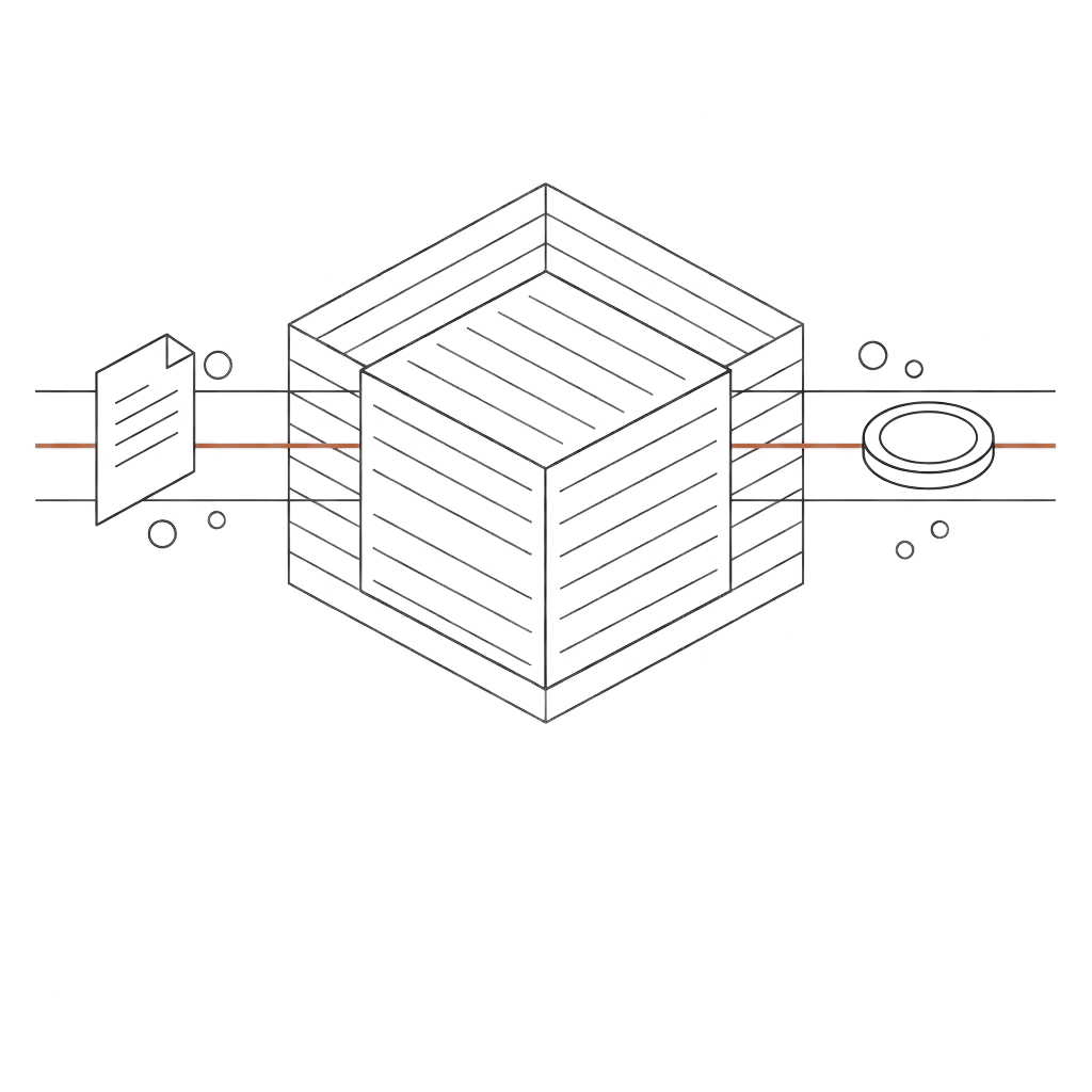 Line drawing of a document sheet, a ledger cube, and a coin pierced in sequence by one long line, the first segment drawn in orange