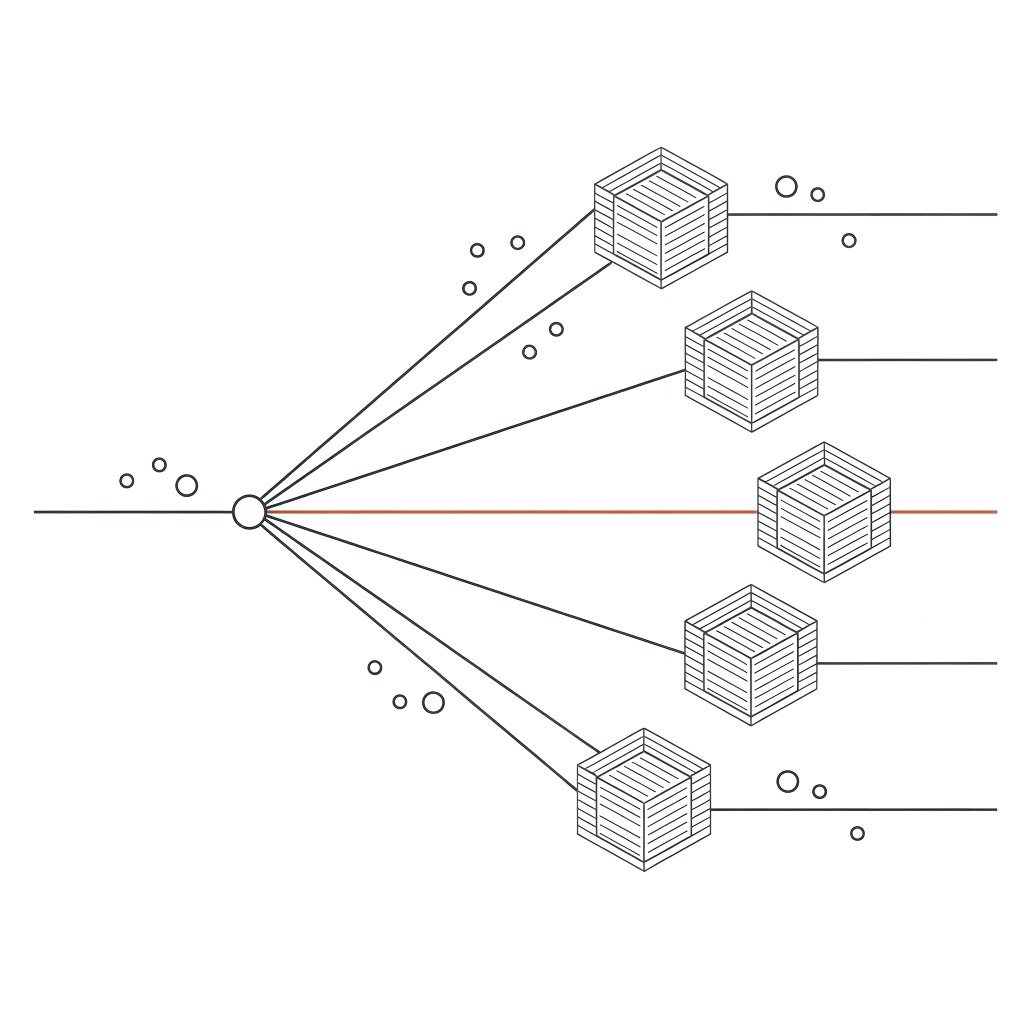 Line drawing of one route fanning out from a single node through five small ledger cubes, the winning line drawn in orange